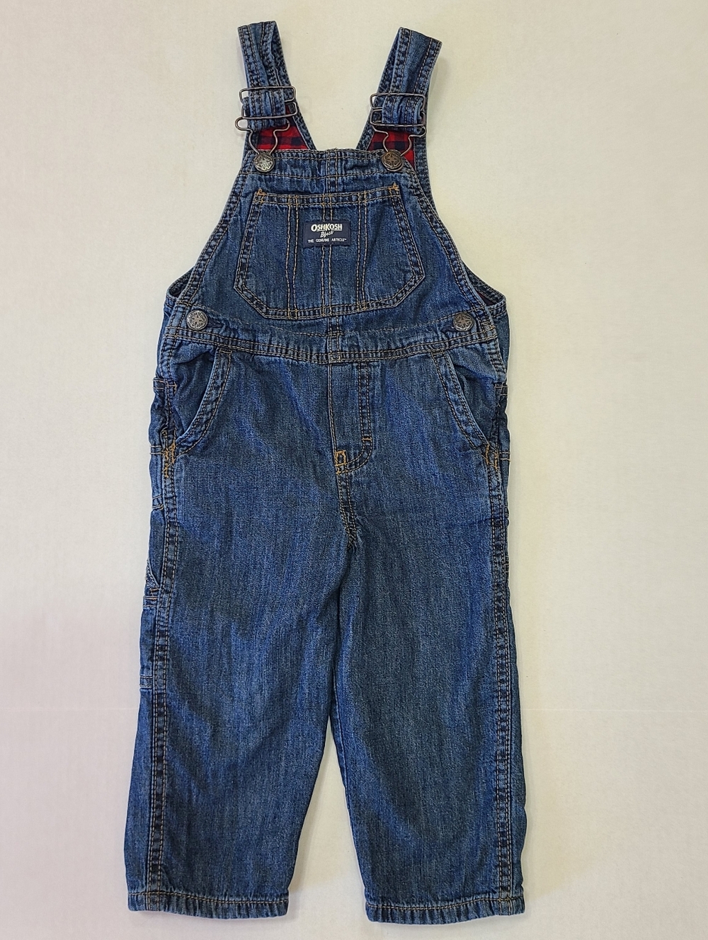 OshKosh B'gosh 2T Carpenter Overalls Dark Wash Denim Flannel Lined Buffalo Plaid